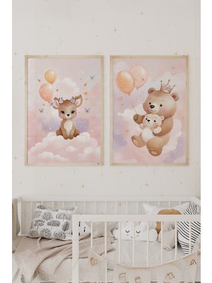 Tontilika Ayıcık ve Geyik 2’li Çocuk Odası Ahşap Çerçeveli Tablo Seti - Pembe Bulut Dekoru