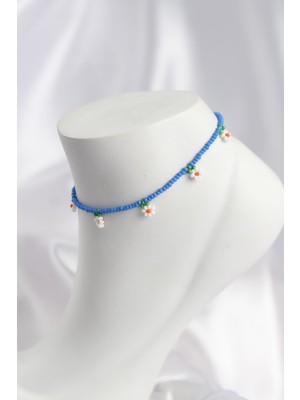 Pileli Store Buz Mavisi Renk Boncuklu Papatya Motifli Halhal