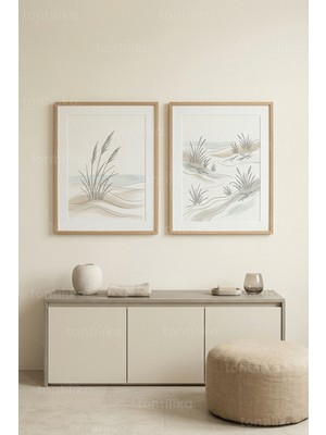 Tontilika Kumul ve Sahil Otları Manzarası 2’li Ahşap Çerçeveli Tablo Seti