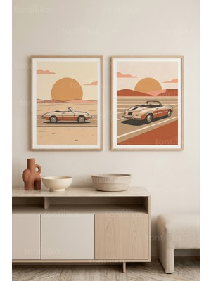Tontilika Nostaljik Gün Batımı Klasik Otomobil 2’li Ahşap Çerçeveli Tablo Seti