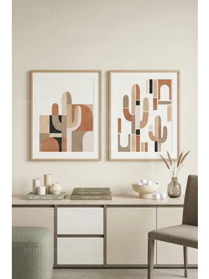 Tontilika Modern Geometrik Kaktüsler 2’li Ahşap Çerçeveli Tablo Seti