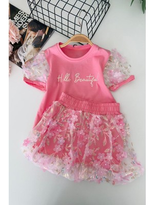 Miniğimin Cicileri Hello Beautiful Çiçek Aplikeli Tüllü Kız Çocuk Etekli 2’li Takım - Pembe