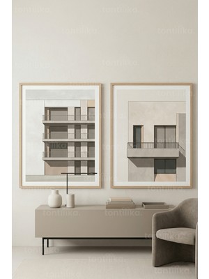 Tontilika Modern Mimari Çizimler 2’li Ahşap Çerçeveli Tablo Seti
