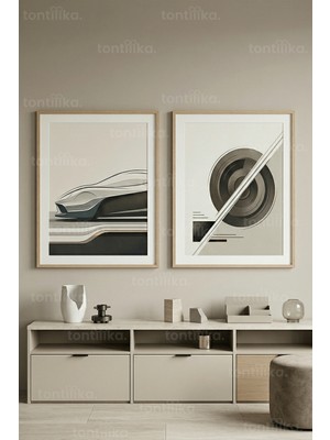 Tontilika Modern Otomotiv Sanatı ve Soyut Geometri 2’li Ahşap Çerçeveli Tablo Seti