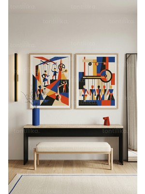 Tontilika Geometrik Kukla Tiyatrosu 2’li Ahşap Çerçeveli Tablo Seti