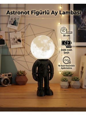 3DcraftTR Astronot Figürlü Ay Lambası 35 cm - 2450 Mah Şarjlı 16 Saat Kesintisiz Aydınlatma