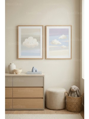 Tontilika Bulut Temalı Çocuk Odası 2’li Ahşap Çerçeveli Tablo Seti