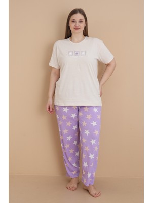 Wordex Mrn 4504 Yıldız Desenli Kısa Kollu Pamuklu Penye Büyük Beden Kadın Pijama Takımı