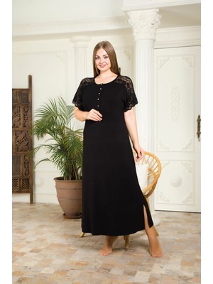 Umestyle Ladie Lingerie Kısa Kollu Siyah Danteldetaylı Battal Beden Uzun Boy Kadın Elise/gecelik