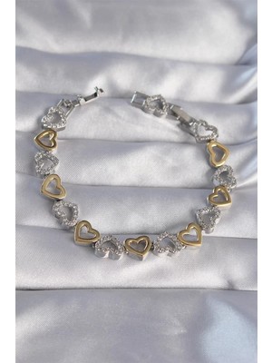 Uravas Store Vip Seri Pirinç Çift Renkli Zirkon Taşlı Içi Boş Tasarımlı Bileklik - TJ-BB6124