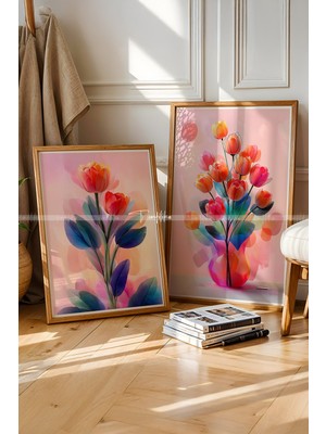 Tontilika Canlı Renkli Lale Illüstrasyonlu 2'li Ahşap Çerçeveli Tablo Seti-1