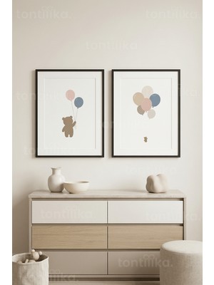 Tontilika Pastel Ayıcıklar ve Balonlar 2’li Ahşap Çerçeveli Tablo Seti