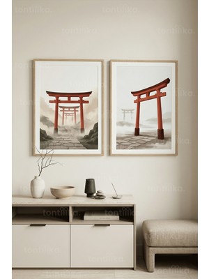 Tontilika Japon Sakinliği ve Torii Kapıları 2’li Ahşap Çerçeveli Tablo Seti