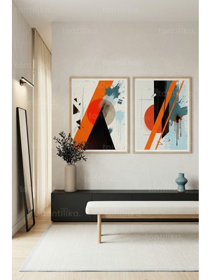 Tontilika Modern Soyut Geometrik Kompozisyon 2’li Ahşap Çerçeveli Tablo Seti