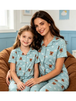 NiCe İç Giyim Anne & Kız Kombin Pijama Takım Milan Kumaş Mevsimlik Gömlek Yaka Kısa Kol Mavi Ayıcık Desen (Ayrı Satılır)