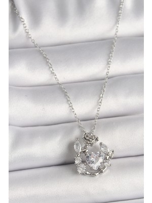 Uravas Store Çelik Gümüş Renk Zincir Zirkon Taşlı Figür Gül Detay Kadın Kolye