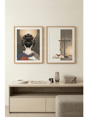 Tontilika Uzak Doğu Zen Japon Kadın Figürlü 2’li Ahşap Çerçeveli Tablo Seti