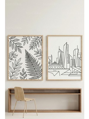 Tontilika Botanik Yaprak ve Modern Şehir Çizgisi 2’li Ahşap Çerçeveli Tablo Seti