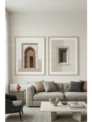 Tontilika Modern Minimalist Kemerli Mimari Temalı 2’li Ahşap Çerçeveli Tablo Seti