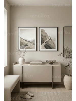 Tontilika Modern Dağ ve Yol Manzaraları Otomobilli 2’li Ahşap Çerçeveli Tablo Seti