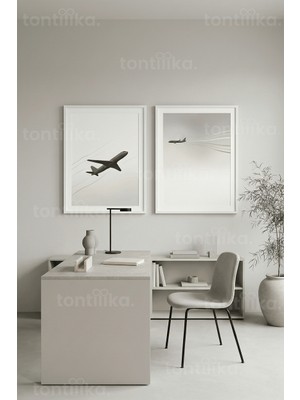 Tontilika Uçan Uçaklar ve Stilize Buhar Izleri 2’li Ahşap Çerçeveli Tablo Seti