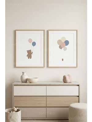 Tontilika Pastel Ayıcıklar ve Balonlar 2’li Ahşap Çerçeveli Tablo Seti