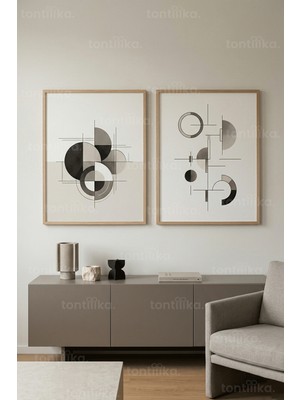 Tontilika Minimalist Geometrik Kompozisyon 2’li Ahşap Çerçeveli Tablo Seti