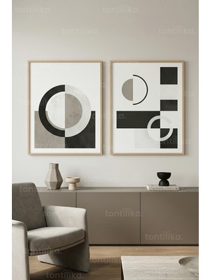 Tontilika Modern Geometrik Soyut Sanat Kompozisyonları 2’li Ahşap Çerçeveli Tablo Seti