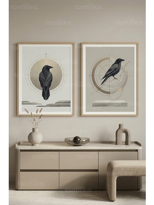 Tontilika Minimalist Karga ve Geometrik Desenler 2’li Ahşap Çerçeveli Tablo Seti