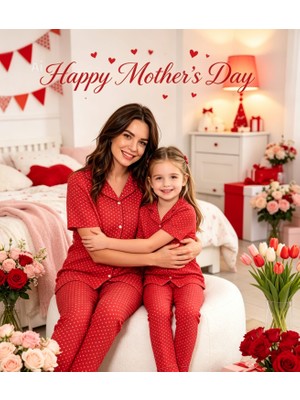 NiCe İç Giyim Anne & Kız Kombin Pijama Takım Milan Kumaş Mevsimlik Kırmızı Renk Kalp Desen Gömlek Yaka (Ayrı Satılır)