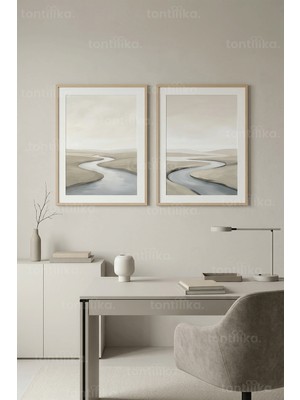 Tontilika Soyut Dingin Akarsu Manzarası 2’li Ahşap Çerçeveli Tablo Seti