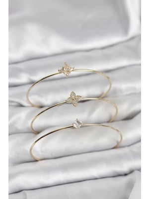 Uravas Store Zirkon Taşlı Gold Renk Yonca Model 3'lü Kadın Bileklik Kombini - TJ-BB8349