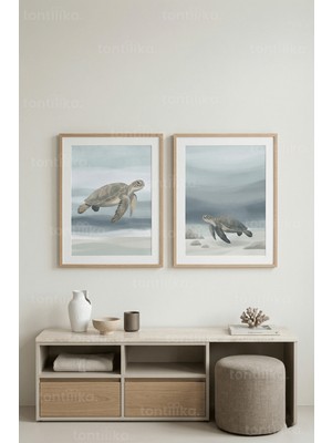 Tontilika Mavi Suların Huzuru Deniz Kaplumbağaları 2’li Ahşap Çerçeveli Tablo Seti