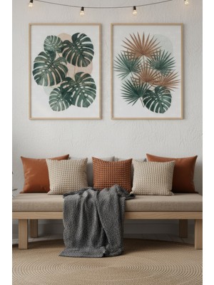 Tontilika Tropik Yapraklar 2’li Ahşap Çerçeveli Tablo Seti - Doğa Temalı Duvar Dekoru