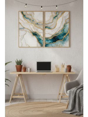 Tontilika Mavi Damarlar 2’li Ahşap Çerçeveli Tablo Seti - Soyut Modern Duvar Dekoru