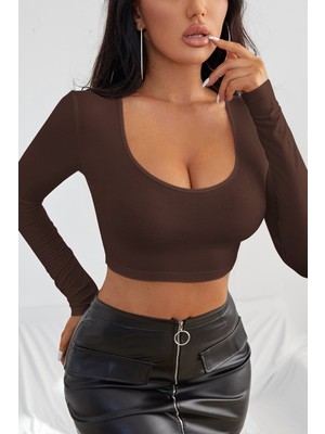 Pileli Store Kadın Kahverengi Uzun Kol Kare Yaka Crop Top Bluz