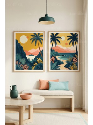 Tontilika Stilize Tropikal Plaj ve Orman Manzaraları 2’li Ahşap Çerçeveli Tablo Seti