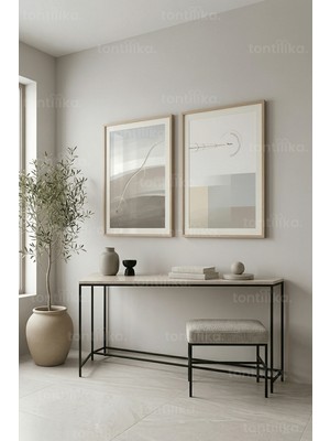 Tontilika Modern Nötr Soyut Geometrik 2’li Ahşap Çerçeveli Tablo Seti