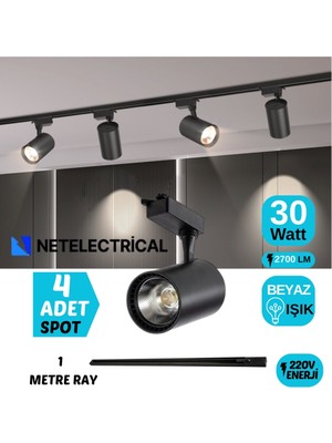 Netelectrical Siyah Kasa Beyaz Işık 30W Raylı Spot Mağaza Vitrin Özel Alan Aydınlatma | 4 Adet Spot + 1 Metre Ray |