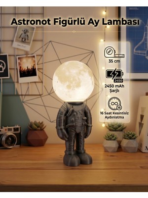3DcraftTR Astronot Figürlü Ay Lambası 35 cm - 2450 Mah Şarjlı 16 Saat Kesintisiz Aydınlatma