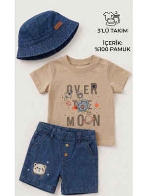 Lika&Nika Lıka.nıka Erkek Bebek 3'lü Yazlık Takım - %100 Pamuklu Tişört, Lastik Belli Denim Şort ve Şapka