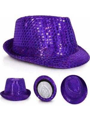 AyrStore Buğz Mor Payetli Disco Parti Şapkası Yetişkin Işıltılı Fötr Model