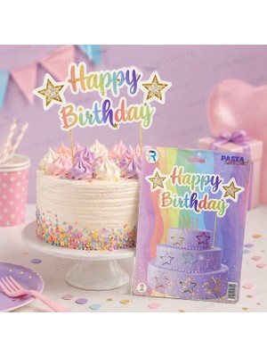 Dizayn Parti Evi Dzyn Happy Birthday Pasta Üstü Süs Renkli Yıldızlı Cake Topper Doğum Günü Parti Süsü Pastel Konsept