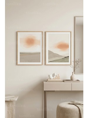 Tontilika Modern Dinginlik Gün Batımı Soyut Manzara 2’li Ahşap Çerçeveli Tablo Seti