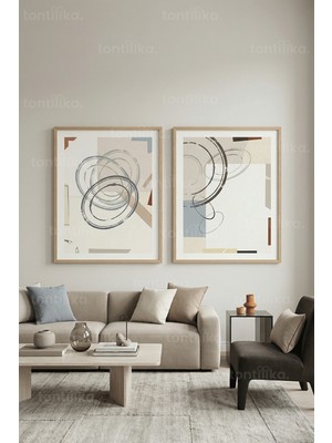 Tontilika Modern Soyut Daireler ve Geometrik Formlar 2’li Ahşap Çerçeveli Tablo Seti