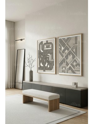 Tontilika Modern Çizgi Sanatı 2’li Ahşap Çerçeveli Tablo Seti