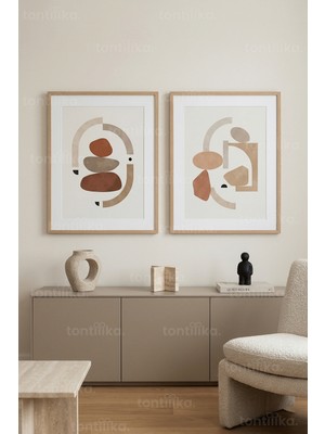 Tontilika Nötr Tonlarda Modern Soyut Sanat 2’li Ahşap Çerçeveli Tablo Seti