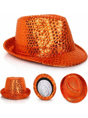 AyrStore Buğz Turuncu Payetli Disco Parti Şapkası Yetişkin Işıltılı Fötr Model