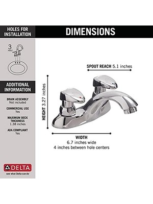 Mi-Ça Home Musluk 86T1153 86T Two Handle Metering Slow-Close Lavatory Musluk, Krom By Musluk