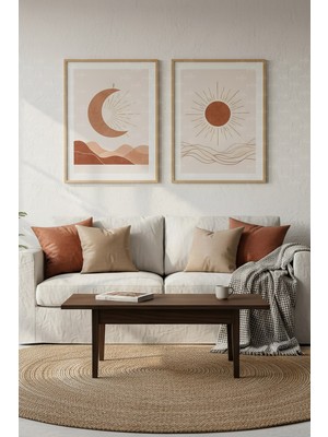 Tontilika Güneş ve Ay 2’li Minimalist Ahşap Çerçeveli Tablo Seti - Modern Duvar Dekoru